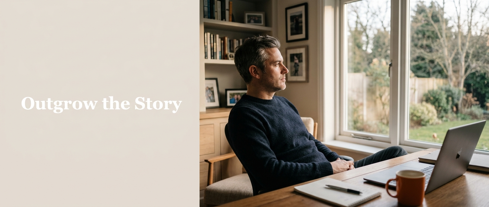 Established business owner pausing at his home office desk, looking out the window, beside the headline "Outgrow the Story" about the stories we tell ourselves.