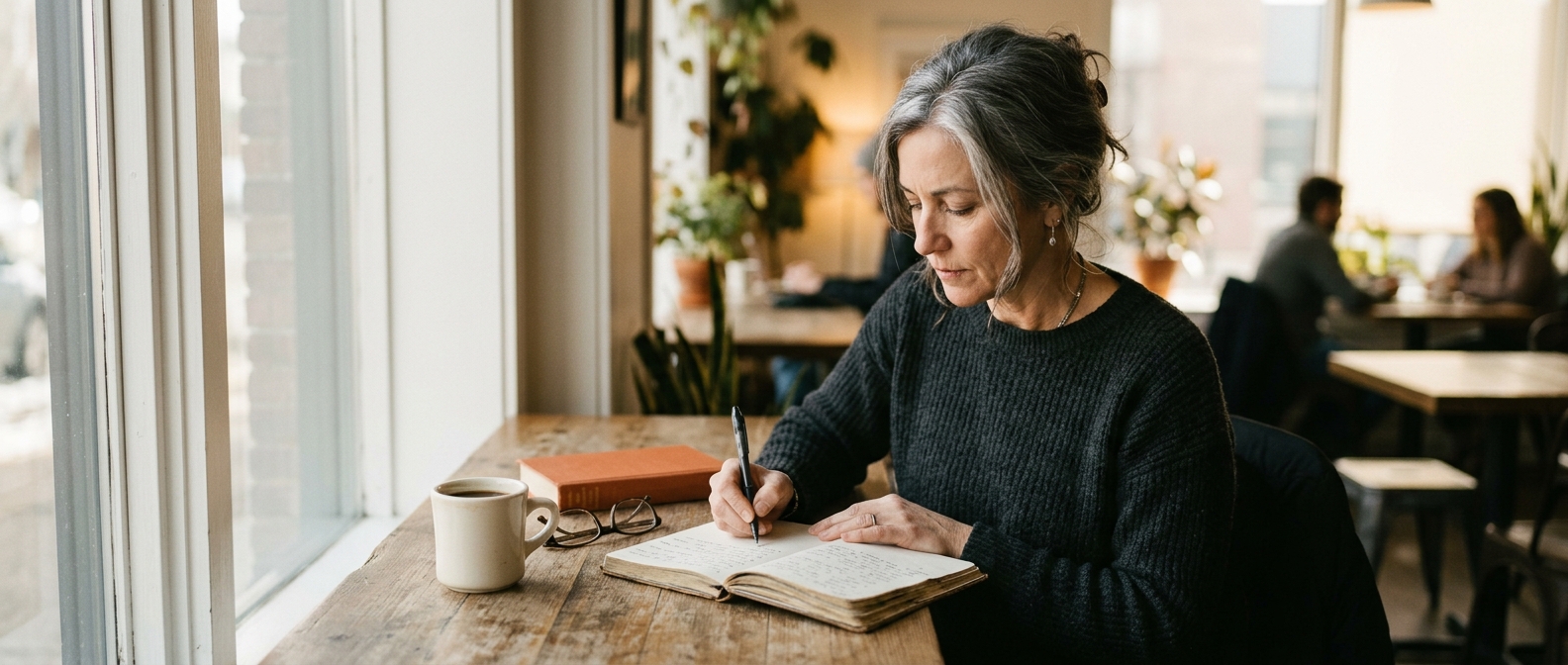 Woman writing in a journal in a coffee shop, naming the story she has been living as the first step in changing the story she tells herself.