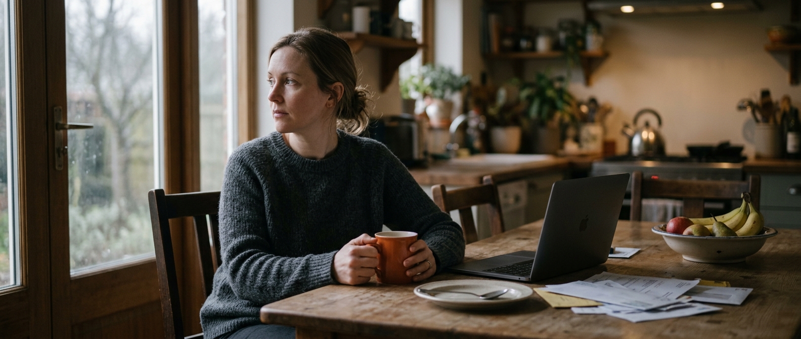 Business owner sitting at her kitchen table at dawn with the laptop closed, spending a quiet hour reconnecting with what she actually wants instead of starting work on autopilot.