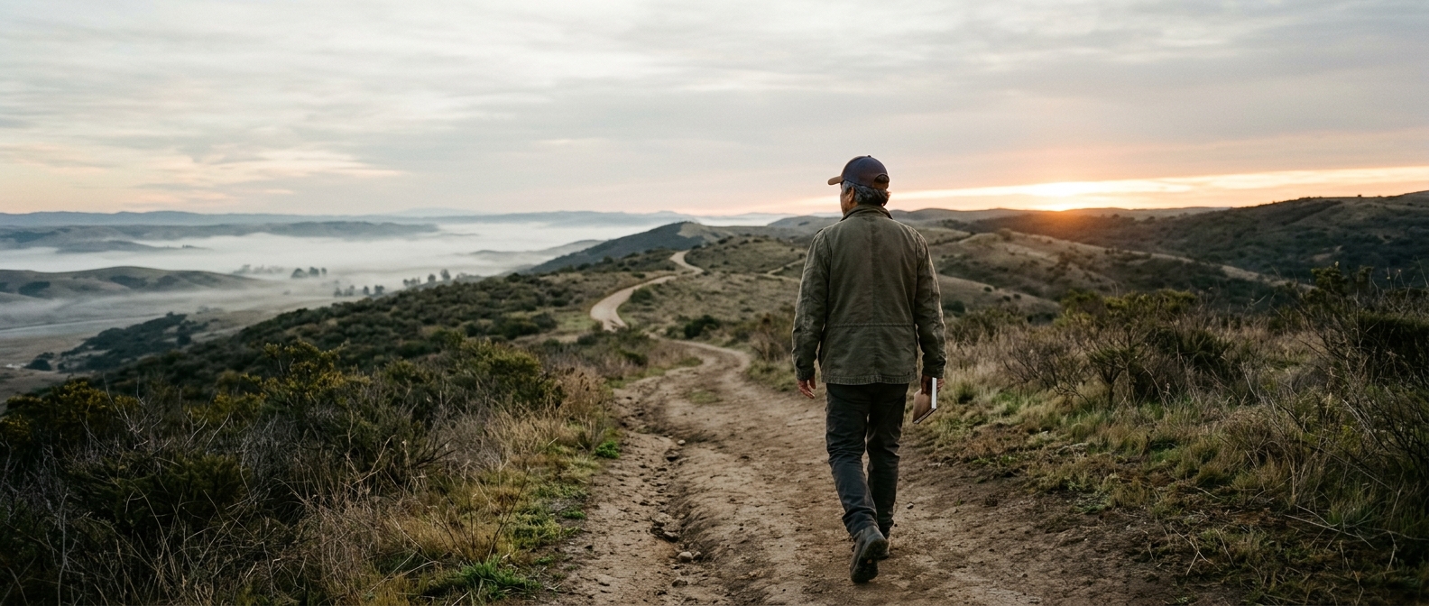 Man walking a sunrise trail with a notebook in hand, a picture of figuring out what you want as a journey taken in small steps rather than another exercise.