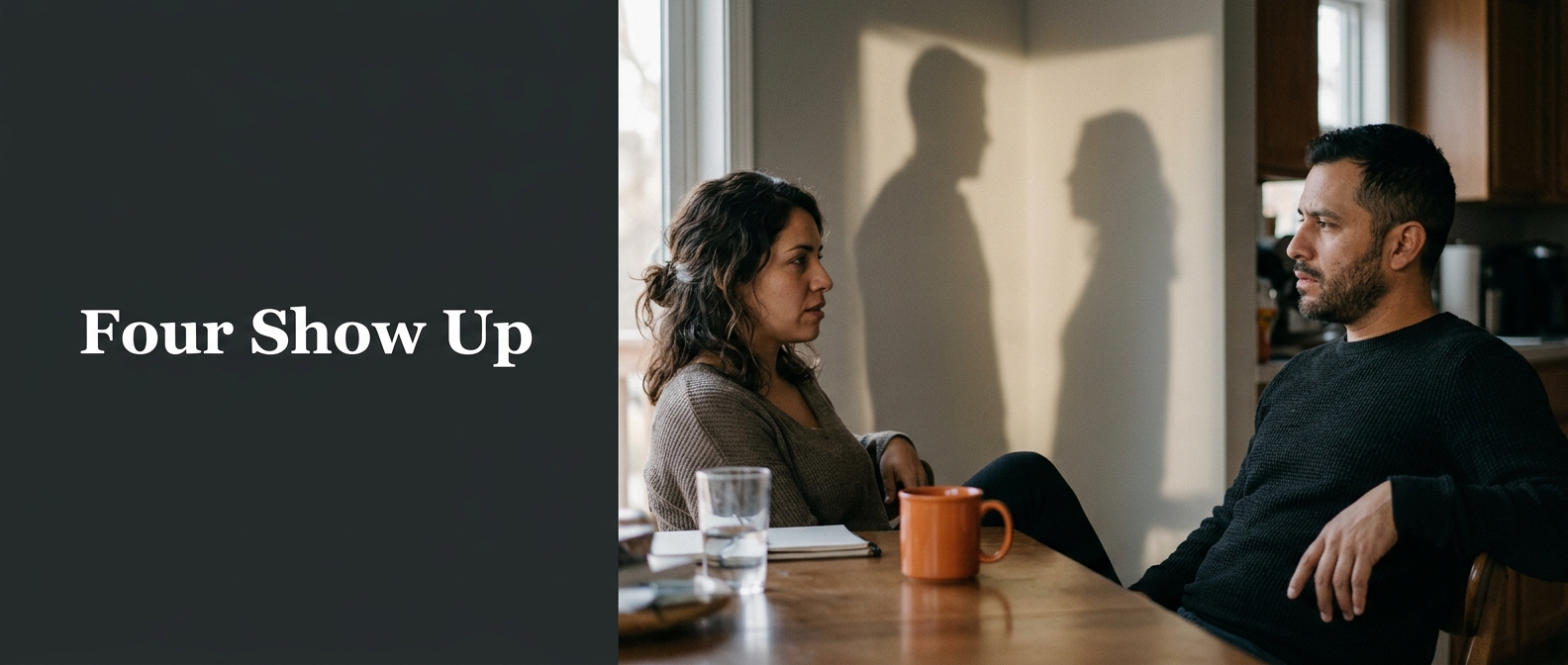 Two people in a tense conversation at a kitchen table while their shadows on the wall suggest the four participants present in every conversation.