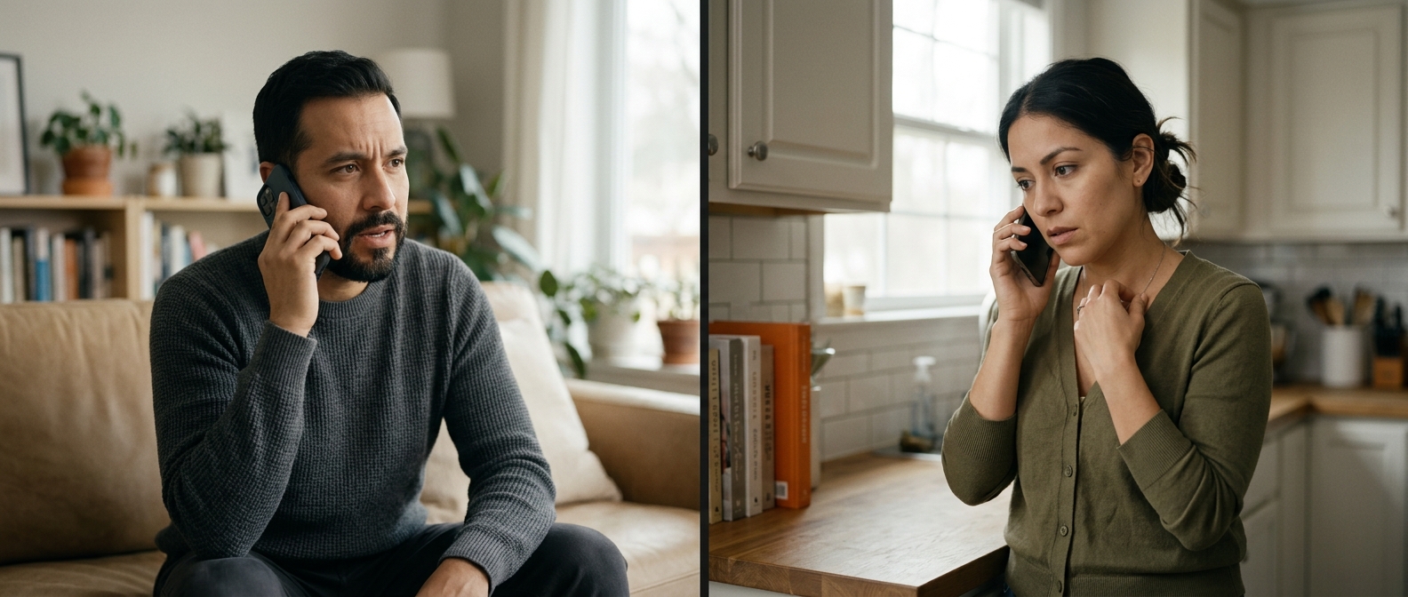 Split-frame image of a brother and sister on a phone call, Marcus asking a question in his living room while Lena reacts defensively in her kitchen.