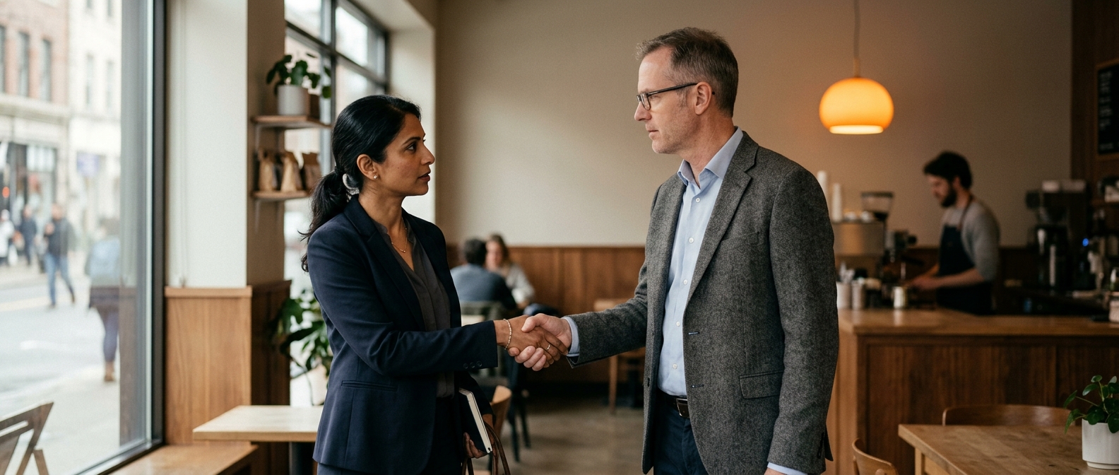 Two strangers meeting for the first time in a coffee shop, illustrating how the unconscious level decides whether people click or clash before a word is spoken.