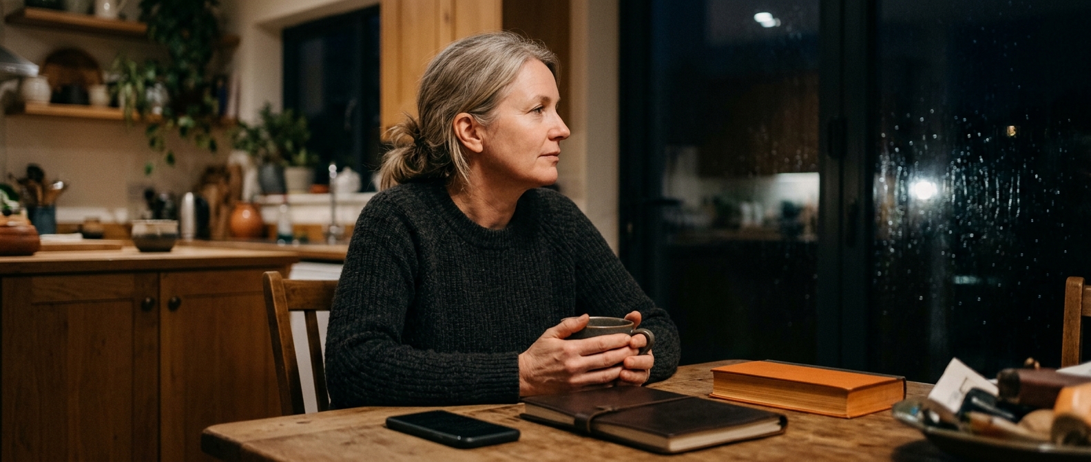 Business owner sitting at her kitchen-table workspace with her phone face-down, in the disappear-and-feel-guilty stretch of an inconsistent marketing cycle.