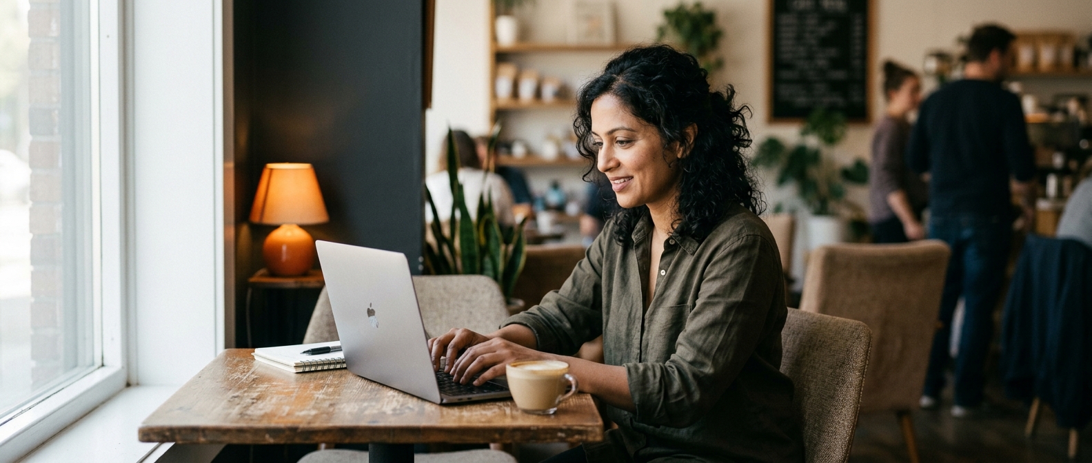 Solopreneur writing a blog post in her own words at a coffee shop, at ease with being visible, showing what authentic marketing that doesn't feel fake looks like.