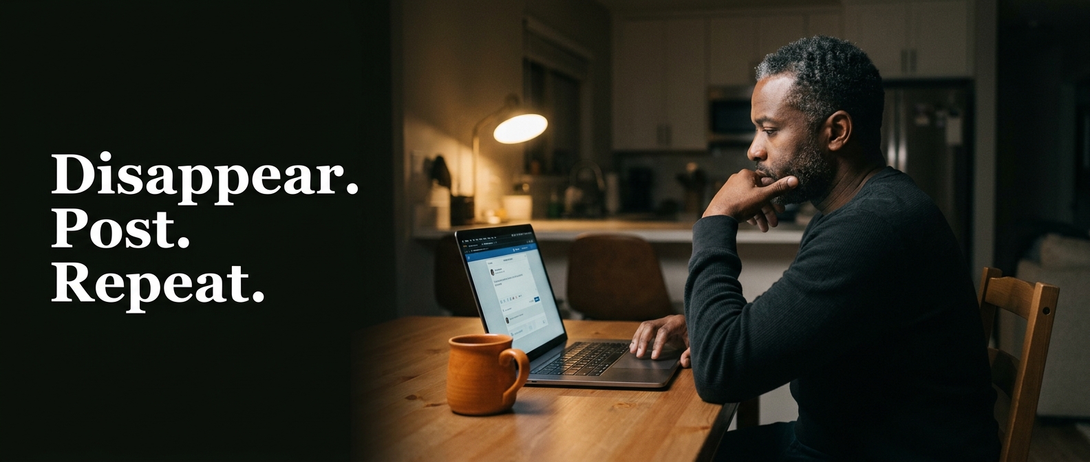 Business owner sitting at a kitchen table late at night, hesitating in front of an unfinished social media post on his laptop, illustrating the visibility cycle of disappearing and posting out of guilt.