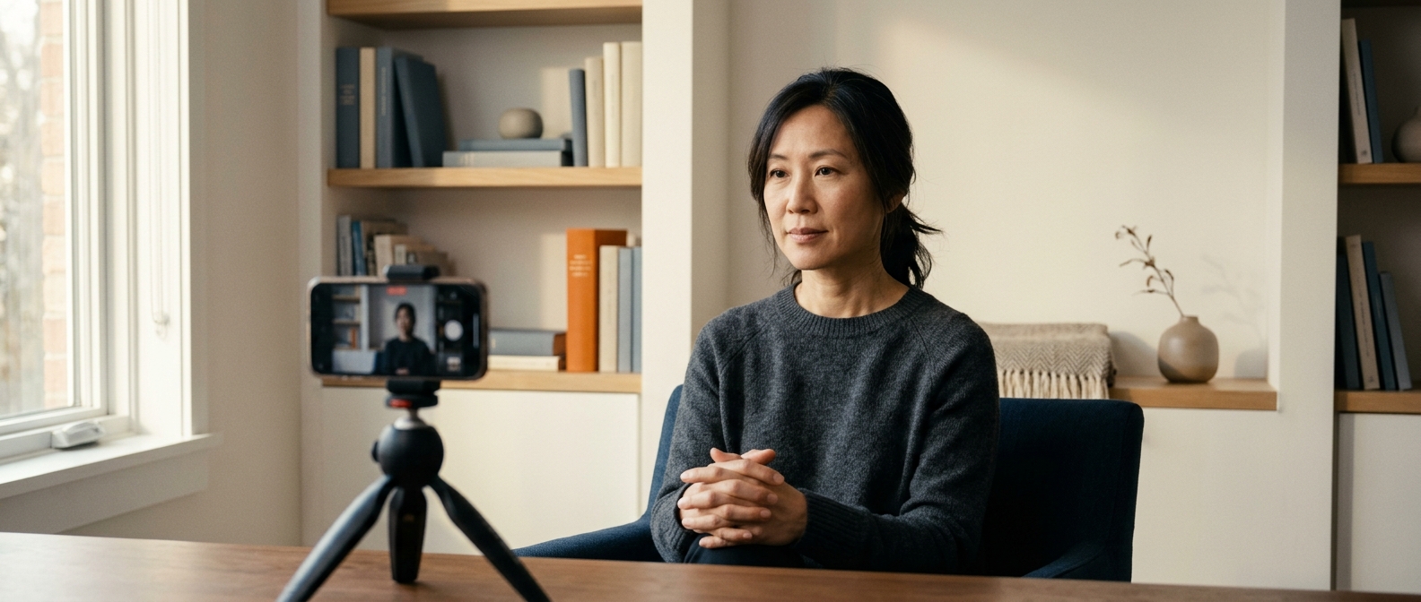 Capable consultant sitting in her home office in front of a phone on a tripod, hesitating before pressing record, showing the fear of being seen behind inconsistent content creation.