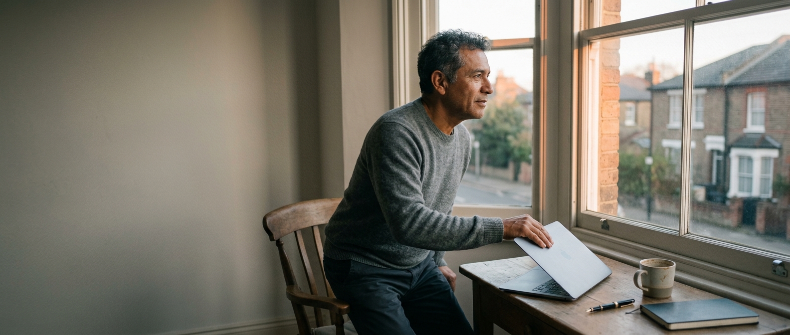 Business owner closing his laptop and stepping away from his desk after publishing his one weekly post, illustrating a minimum-viable posting cadence built around the visibility cycle.