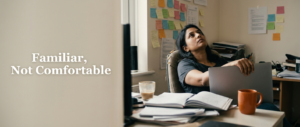 A solopreneur sitting at a familiar home-office desk staring at the ceiling, visibly stuck in a routine that no longer feels comfortable