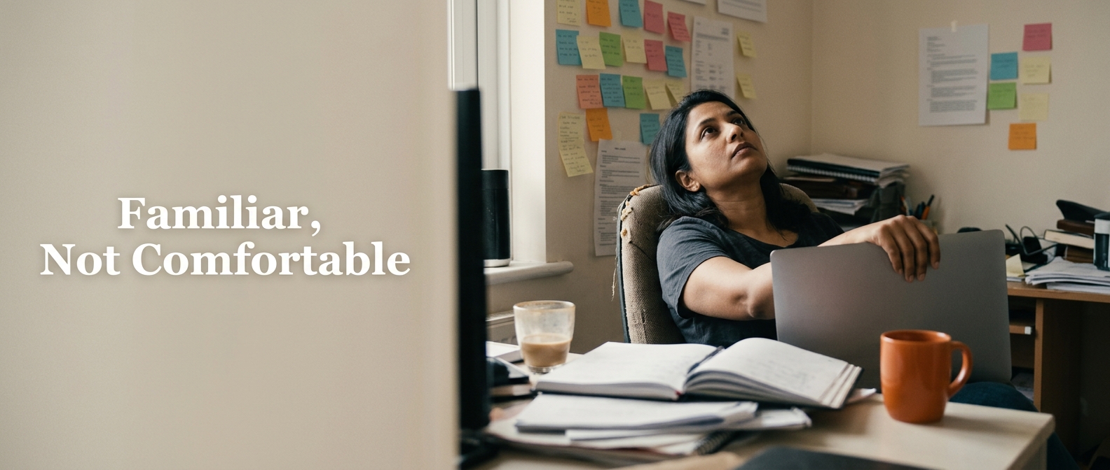 A solopreneur sitting at a familiar home-office desk staring at the ceiling, visibly stuck in a routine that no longer feels comfortable