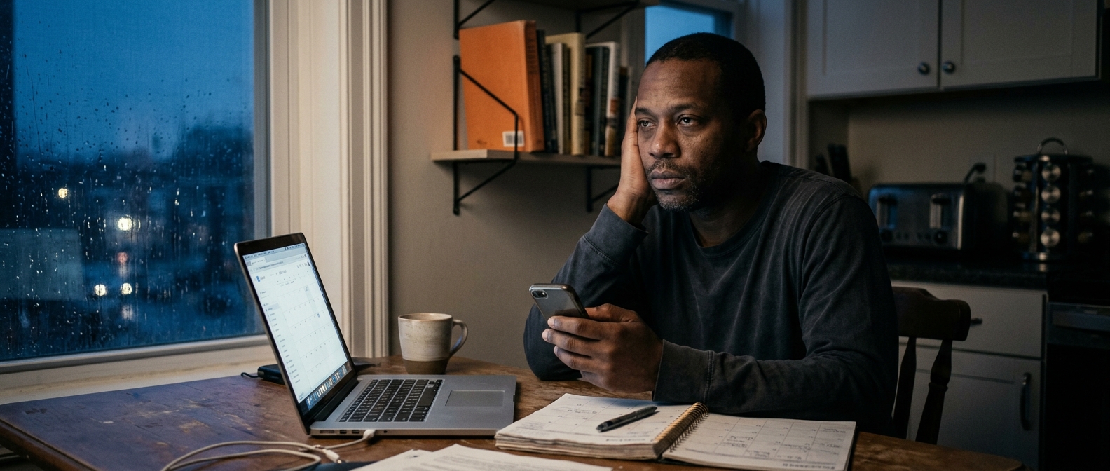 A business owner sitting at a kitchen table workspace at dawn, holding his phone with a flat expression, caught in a familiar morning routine that no longer energizes him