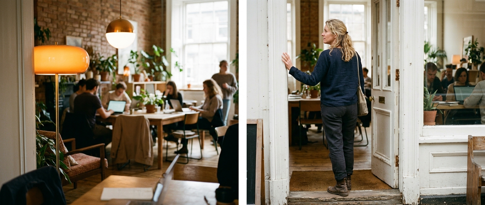 A woman standing in the doorway of an unfamiliar space, one hand on the frame, in the uncertain moment of stepping into something new