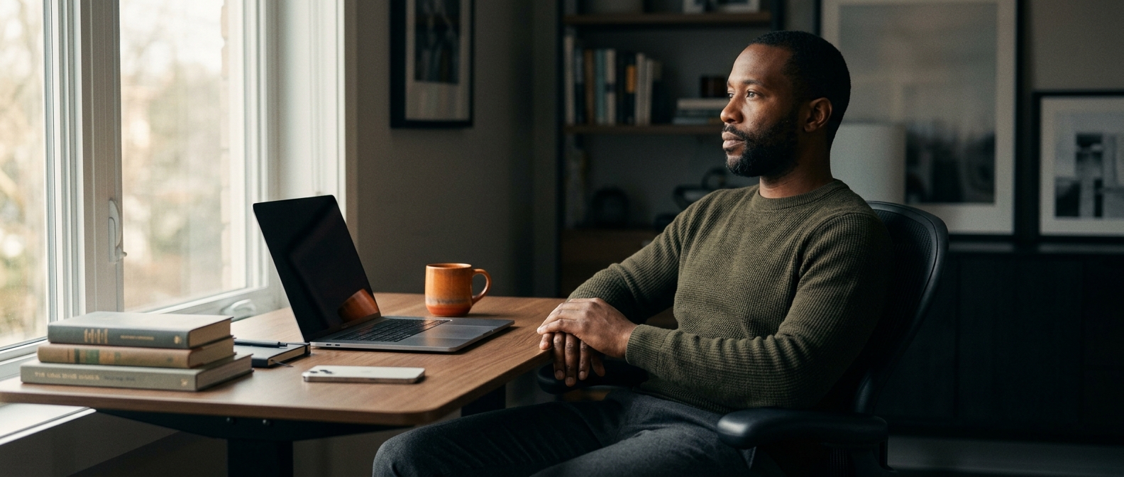 A man sitting at a well-organized home office desk, leaning back from his laptop and looking toward a window with a distant, contemplative expression.