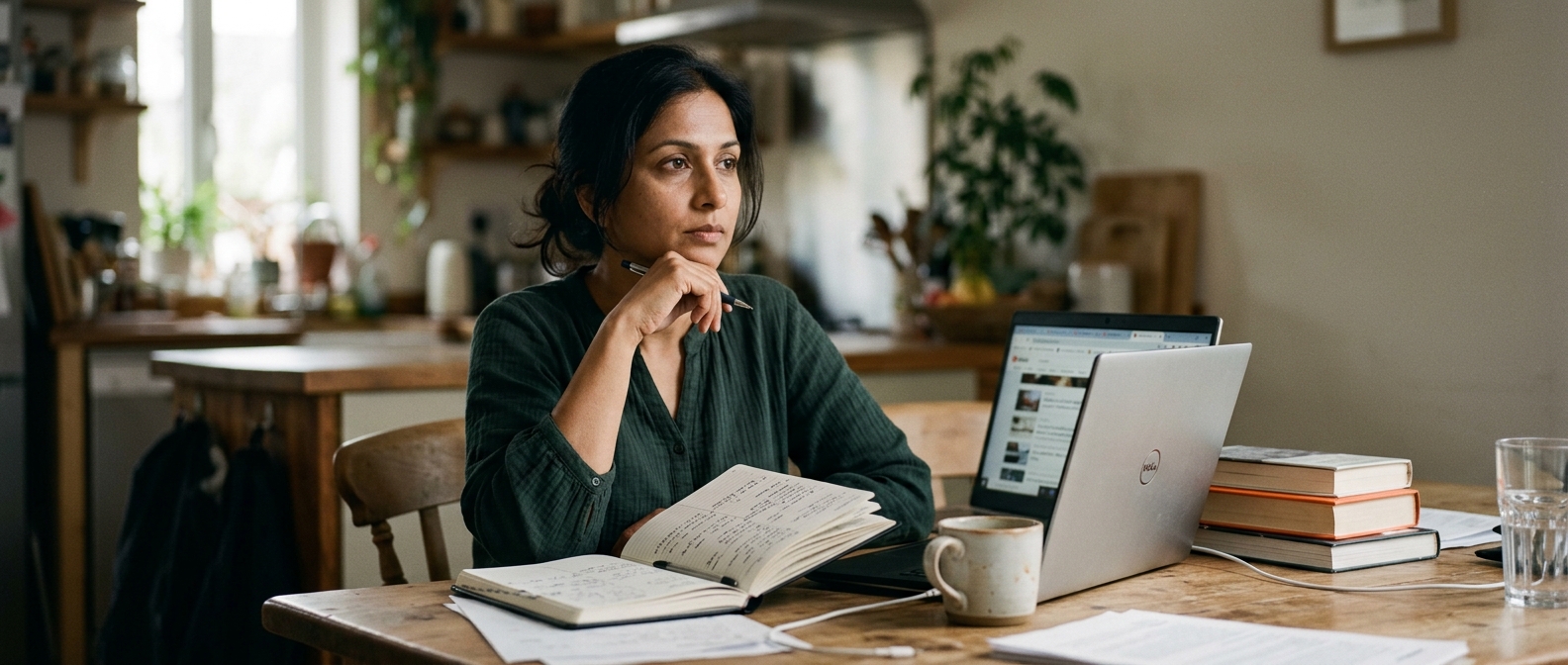 A woman sitting at a kitchen table workspace with a full planner open in front of her, holding a pen but staring past it with a still, unfocused expression.