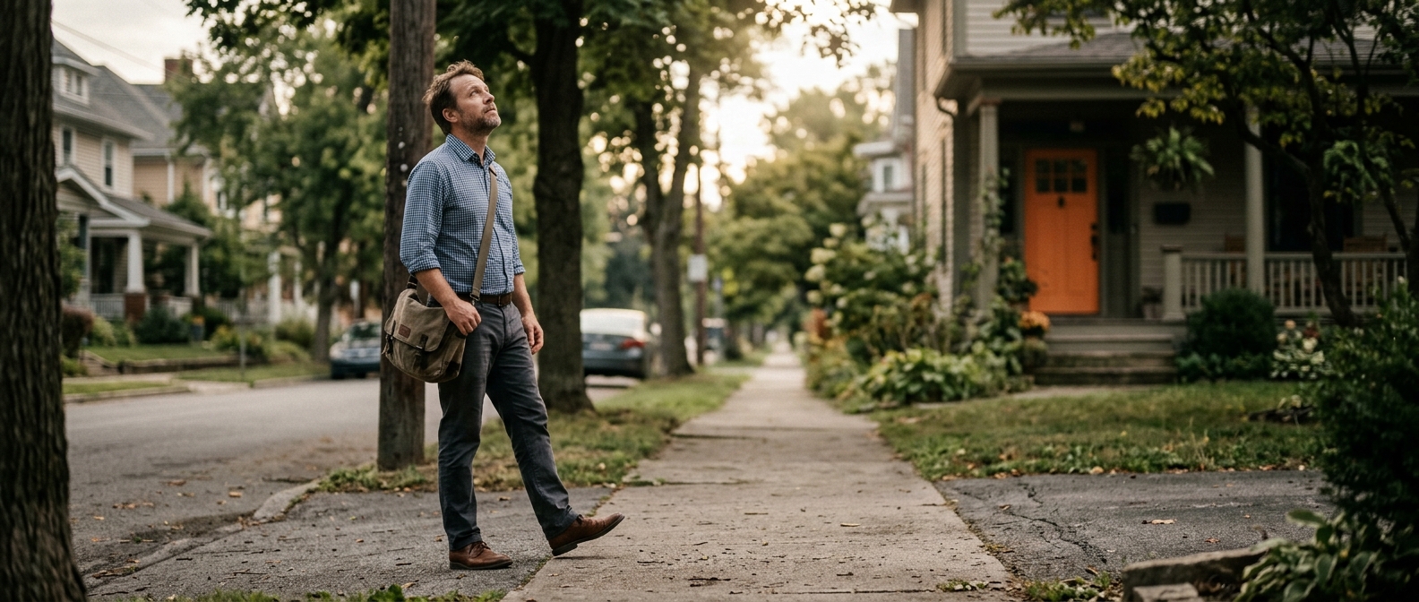 A man in work clothes paused mid-step on a quiet morning sidewalk, looking up with an expression of sudden awareness.