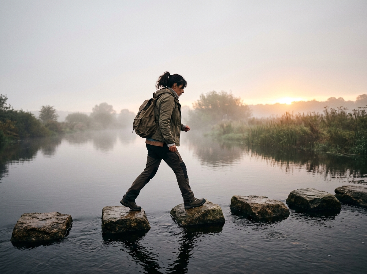 A woman mid-crossing on real stepping stones over dark water at dawn, between the bank she left and the misty far side, illustrating the uncomfortable middle of a development gap.