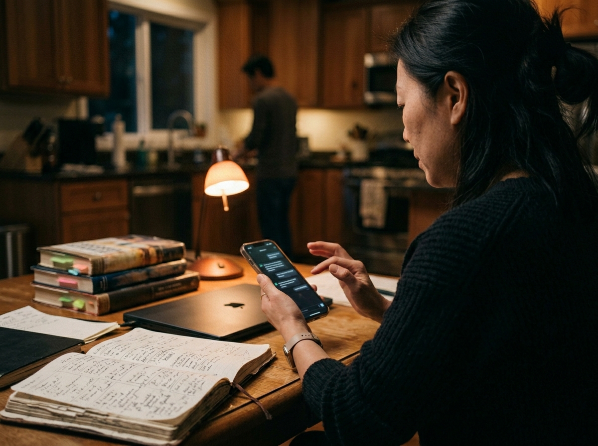 A business owner pauses over a phone showing an AI assistant chat beside a full planner and stacked business books, the information gap already closed while the doing hasn't started.