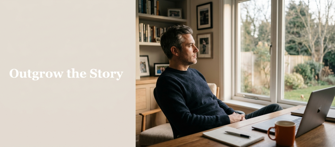 Established business owner pausing at his home office desk, looking out the window, beside the headline "Outgrow the Story" about the stories we tell ourselves.