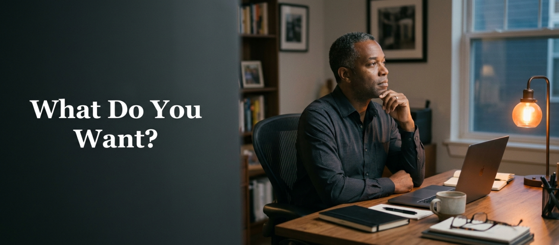 Established business owner pausing at his home office desk at the end of the day, facing the question of what he actually wants from the business he built.