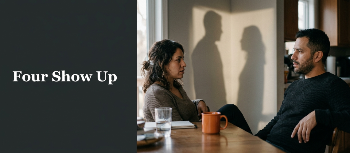 Two people in a tense conversation at a kitchen table while their shadows on the wall suggest the four participants present in every conversation.