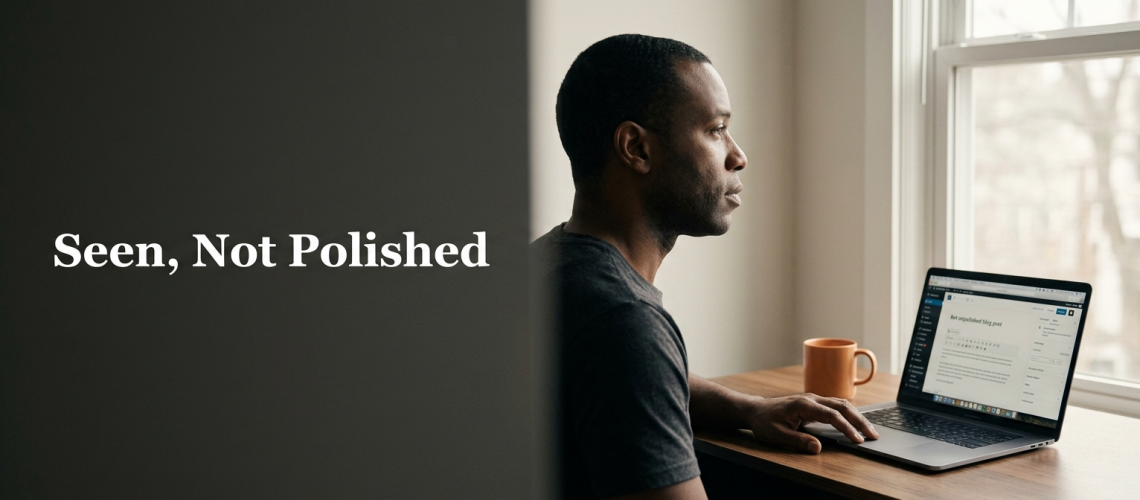 Solo business owner pausing at his home-office desk before publishing a blog post, illustrating why authentic marketing feels hard for solopreneurs.