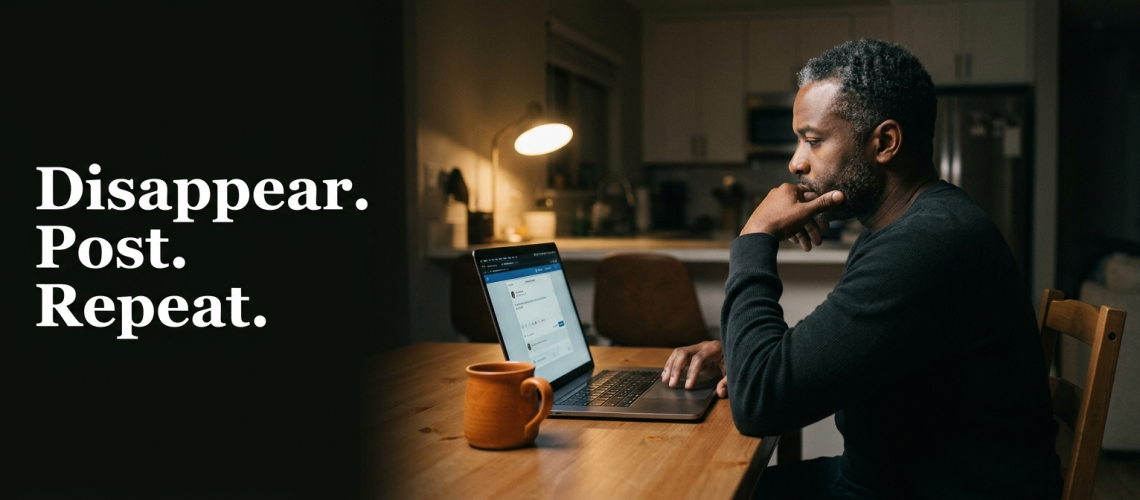 Business owner sitting at a kitchen table late at night, hesitating in front of an unfinished social media post on his laptop, illustrating the visibility cycle of disappearing and posting out of guilt.