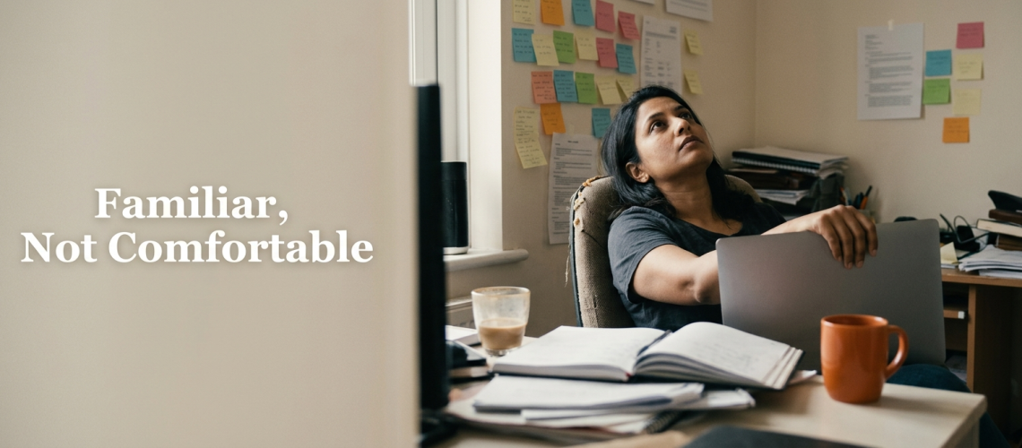 A solopreneur sitting at a familiar home-office desk staring at the ceiling, visibly stuck in a routine that no longer feels comfortable