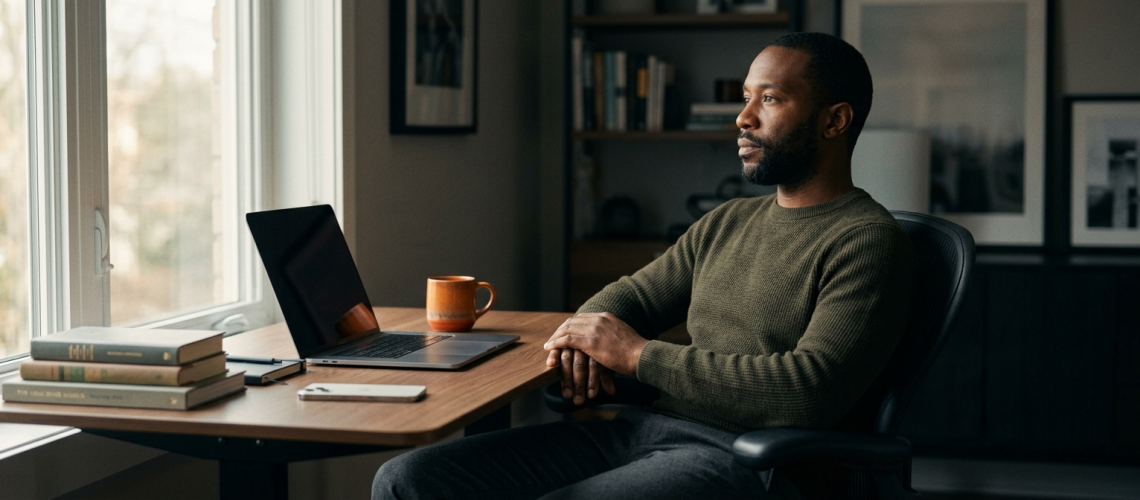 A man sitting at a well-organized home office desk, leaning back from his laptop and looking toward a window with a distant, contemplative expression.